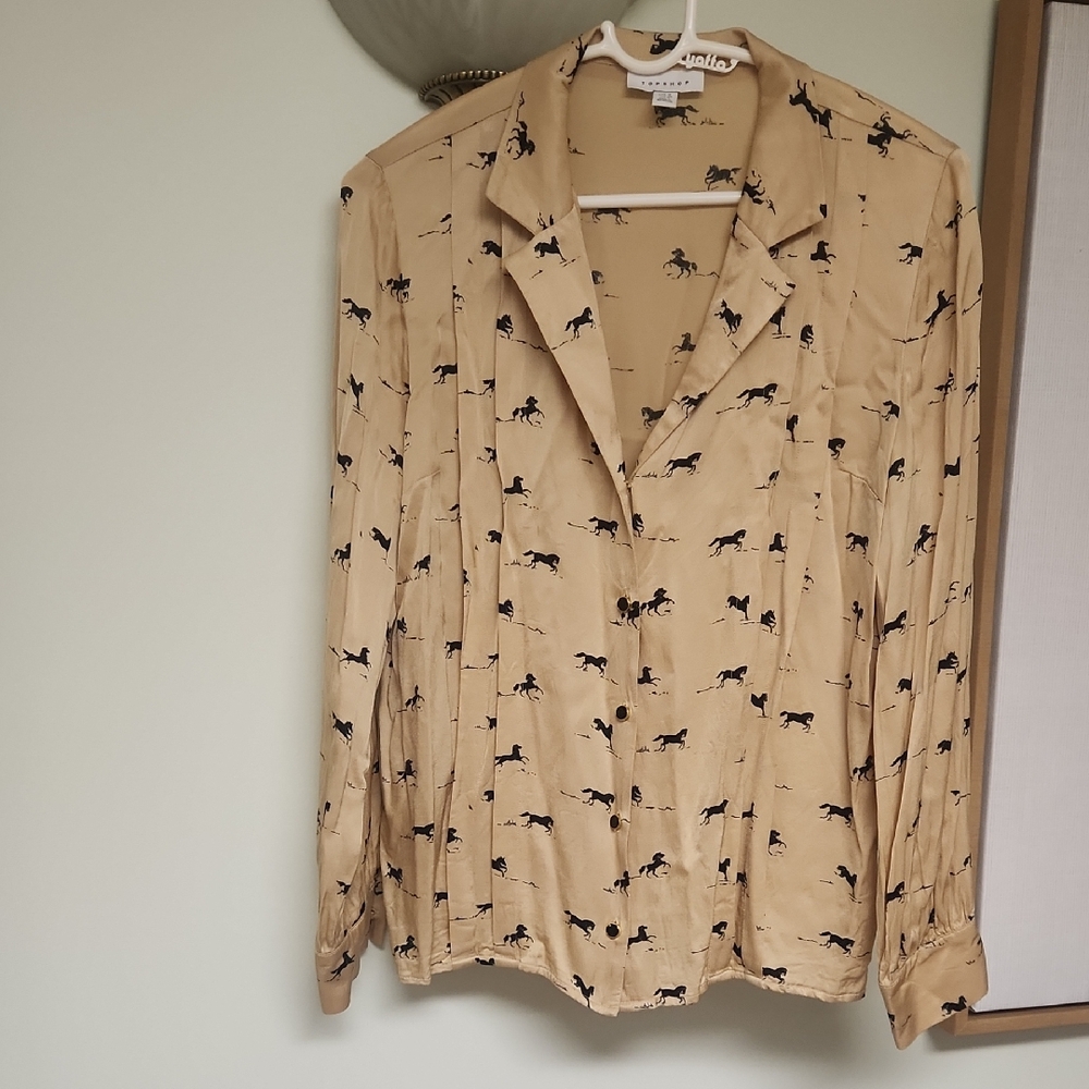 Topshop Beige Horse Print Women's Button Down Shirt